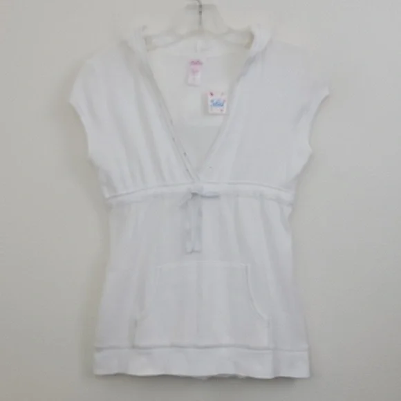 NWT Justice White Hoodie Cap Sleeve Bling Top L 14 - Picture 1 of 16
